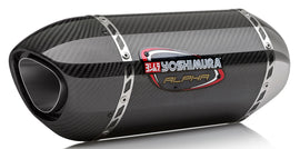 Yoshimura Signature Alpha Slip-On exhaust with carbon fiber end cap and stainless steel body, designed for motorcycle performance.