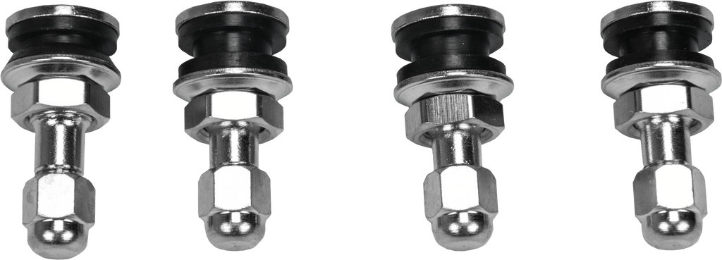 Set of four Fire Power Chrome Valve Stems for tires and wheels, durable and stylish wheel accessories.