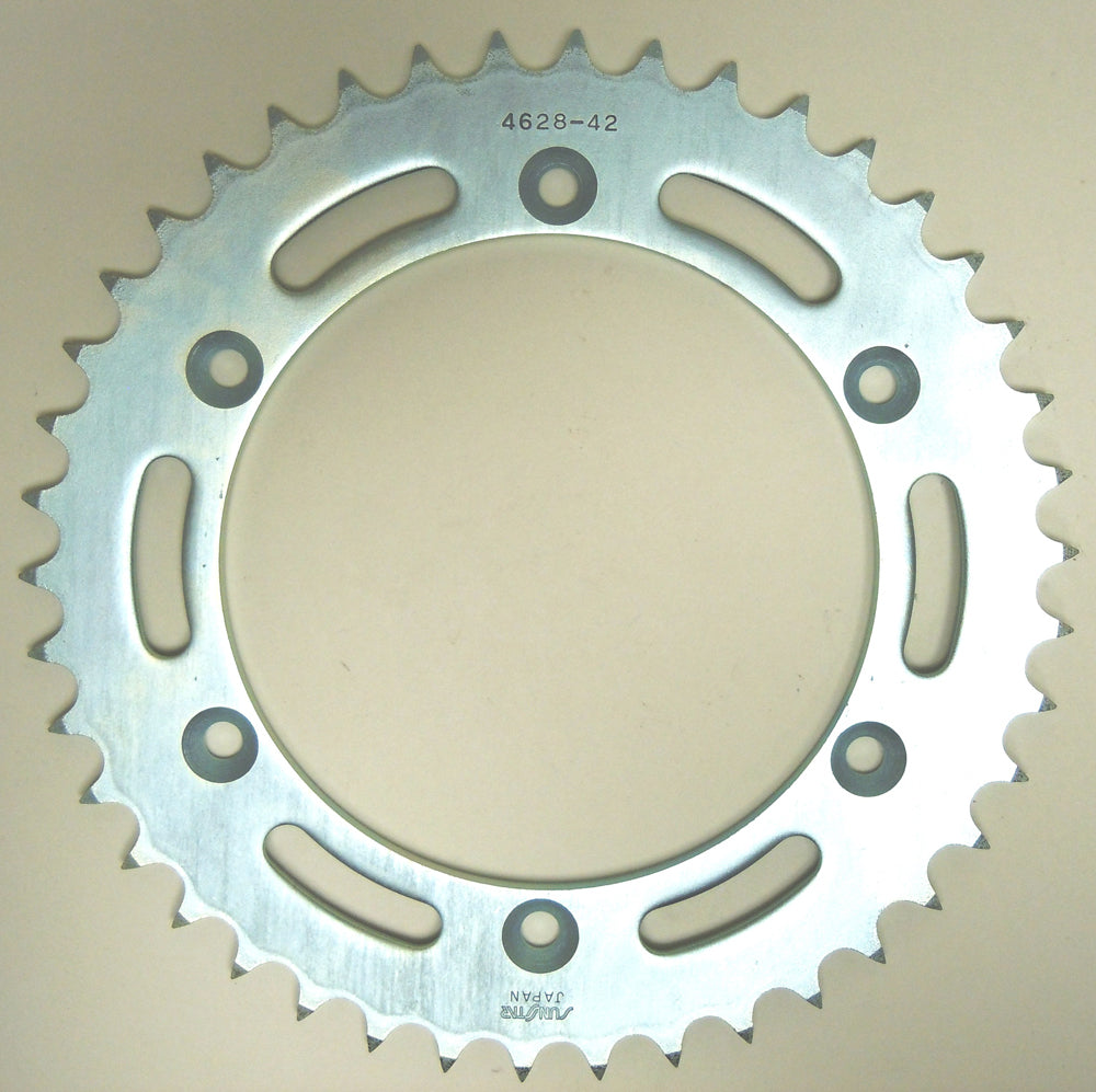 Sunstar steel rear sprocket 42-tooth for 525 Suzuki motorcycle, with gear teeth and mounting hole visible in the image.