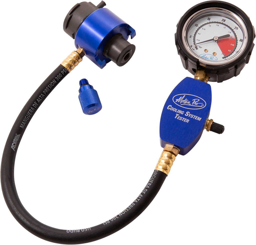 Motion Pro Cooling System Tester for 15.75mm to 20mm; close-up of tool with digital display and testing ports.