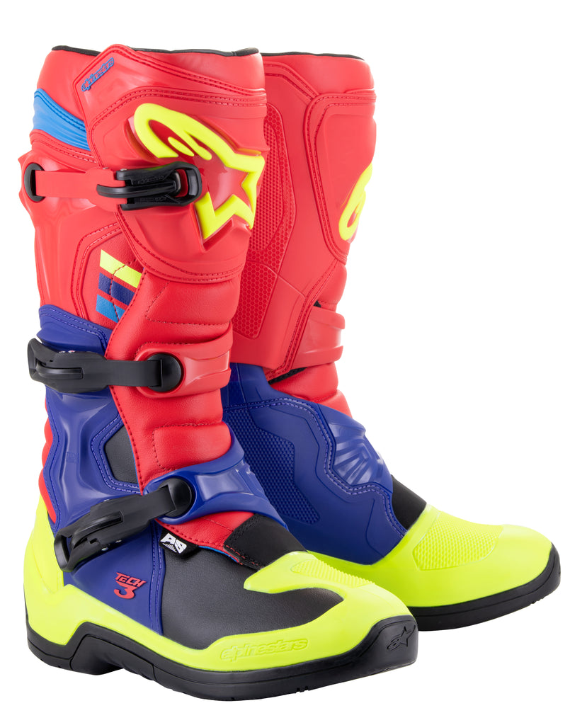 Alpine Star Tech 3 motorcycle boots in bright red, blue, and fluorescent yellow, size 14, showing the front view of the protective footwear.