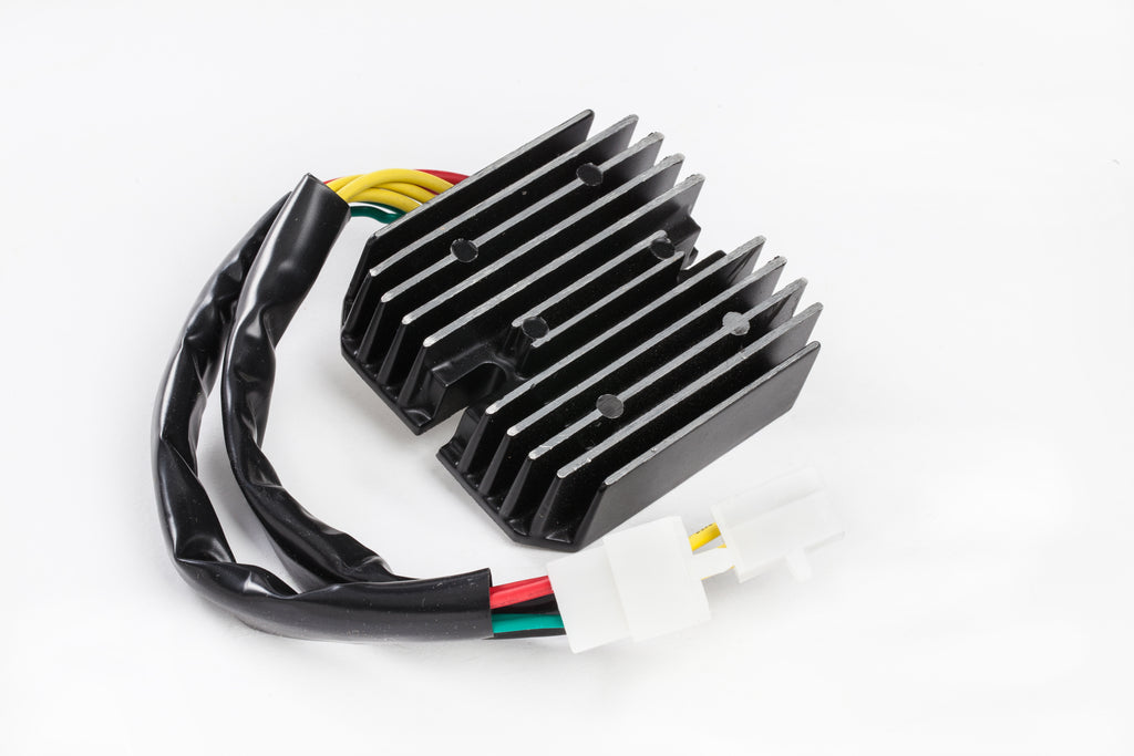 Ricks Motorsport Electric regulator and rectifier for motorcycle electrical systems, shown with metal mounting plate and electrical connectors.