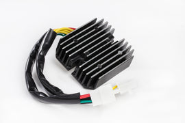 Ricks Motorsport Electric regulator and rectifier for motorcycle electrical systems, shown with metal mounting plate and electrical connectors.