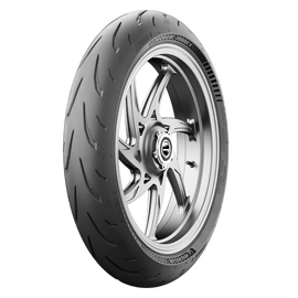 Michelin Power 6 front motorcycle tire with 120/70ZR17 radial construction and W speed rating, shown mounted on wheel.