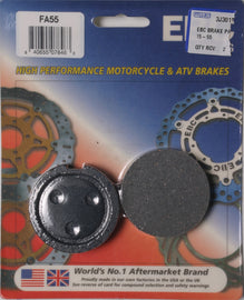 EBC Motorcycle Brakes brake pads set with four black brake pads for motorcycle braking system, detailed close-up image.