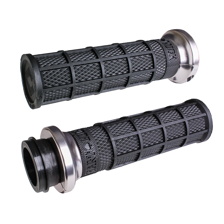 ODI Grips Lock-On Hart-Luck Full-Waffle black and silver cable bike grips with 1-inch diameter for mountain or road bikes