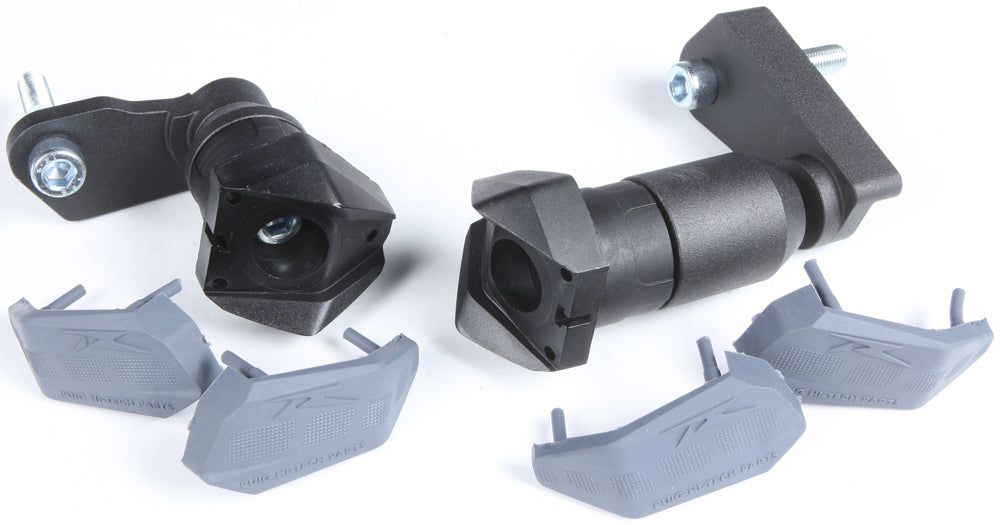 PUIG R19 Black Suz frame sliders for motorcycle body protection, shown mounted on bike with sleek black finish.