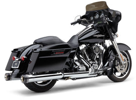Chrome COBRA 4.5-inch groove tip slip-on exhaust for FLH and FLT motorcycles, showcasing the shiny, textured chrome finish.