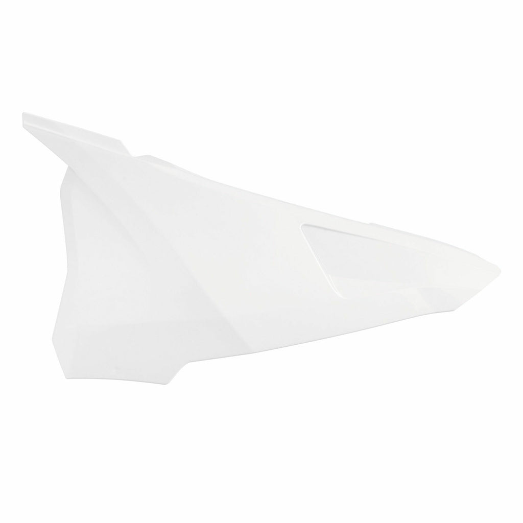 Polisport Plastics white gas side panels for motorcycle body, model 64-8419611, shown on a bike.