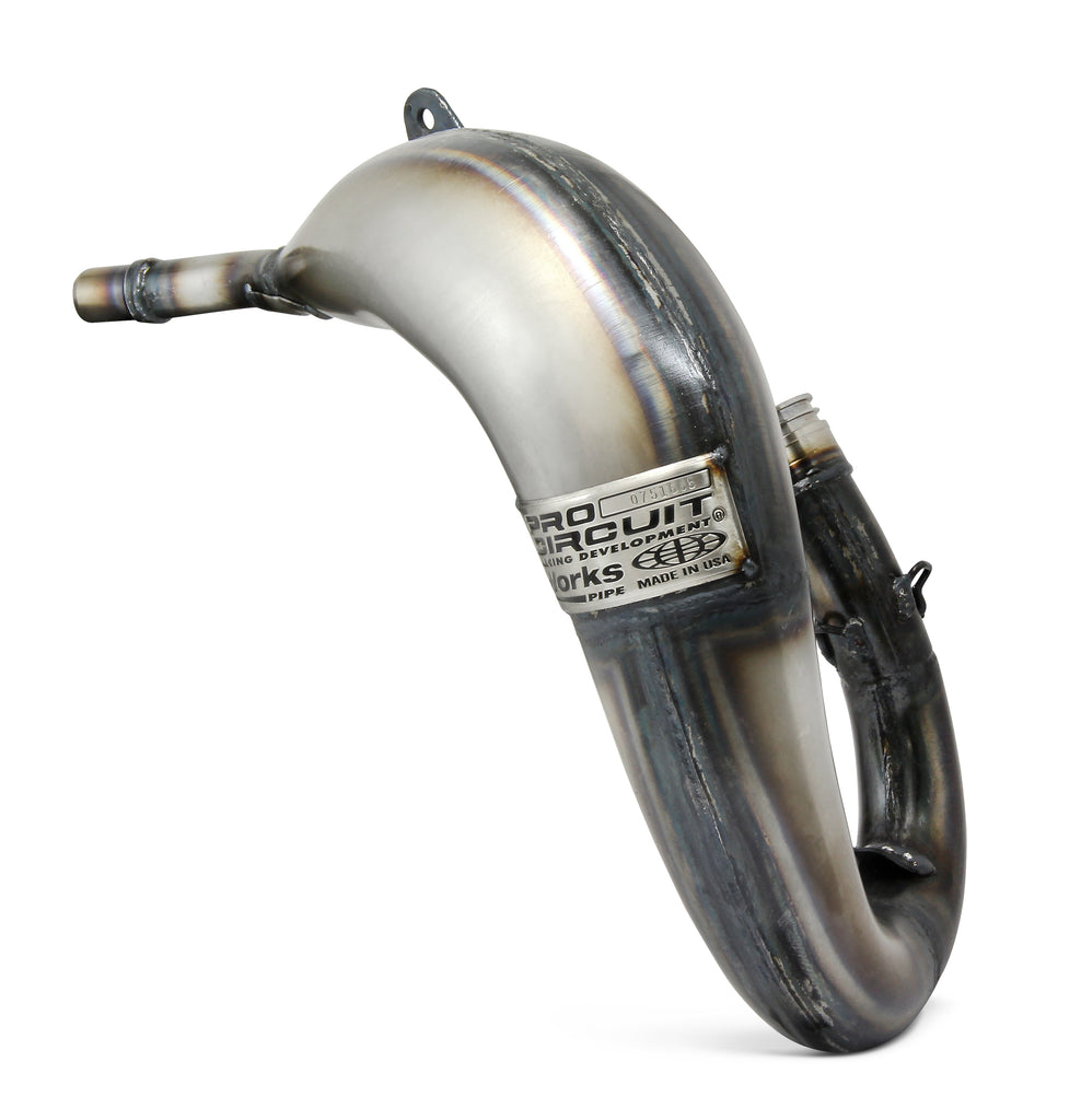 Pro Circuit Works exhaust pipe 792-2019 showing a sleek metal exhaust pipe with mounting brackets and branding details.