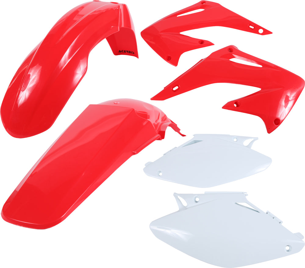 Acerbis red plastic kit for motorcycle, including various plastic panels and parts, displayed on a flat surface.