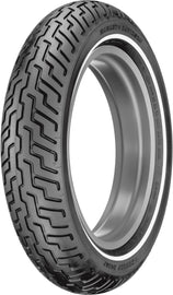Dunlop D402 front motorcycle tire mounted on wheel, showing tread pattern and sidewall design in a close-up shot.