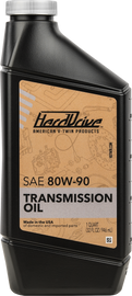 HardDrive 80W90 transmission oil in 1 quart bottle, ideal for vehicle gearboxes, shown in a clear container with label.