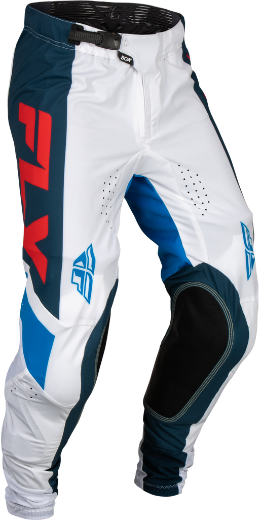 Fly Racing youth Lite pants in red, white, and navy, size 26, showing the lightweight motocross riding pants design.