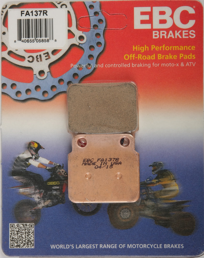 EBC Motorcycle Brakes Brake Pads 15-137R set with black friction material and metal backing plates, designed for motorcycle braking systems.
