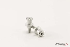 Silver PUIG Swingarm Spools Hi-Tech 10mm for Kawasaki ZX motorcycle, shown installed on the bike's swingarm.