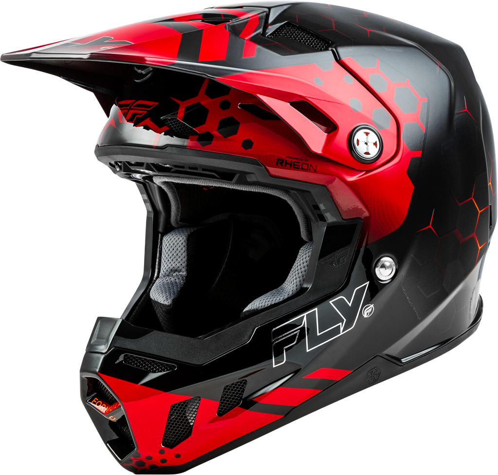 Fly Racing Youth Formula CC Tektonic helmet in black, red, and orange with youth size 73-4331YL, designed for motocross riding.