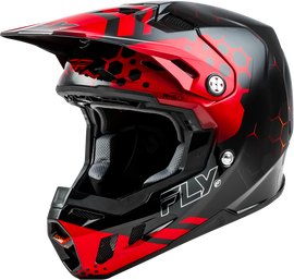 Fly Racing Youth Formula CC Tektonic helmet in black, red, and orange with youth size 73-4331YL, designed for motocross riding.