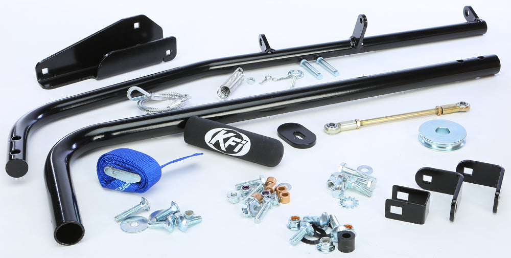 KFI Products manual lift kit for snow plow, showing the sturdy metal components and hydraulic mechanism of the plow lift system.