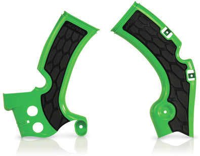 Acerbis X-Grip frame guard in green and black on motorcycle frame, showing textured surface and branding detail.
