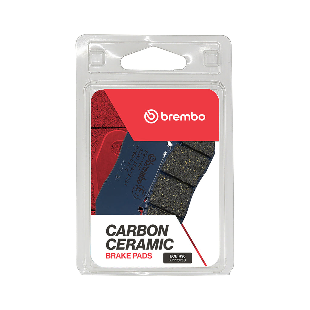 Brembo Prime Carbon Ceramic Brake Pads for high-performance braking, shown with metal backing and friction material.