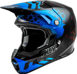 Fly Racing Youth Formula CC Tektonic helmet in black, blue, and red with yellow accents, designed for young motocross riders.