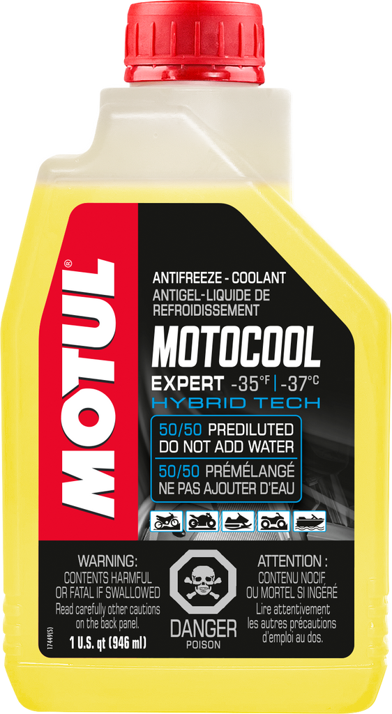 Motul Motocool Expert coolant bottle, 1-liter size, part of a 12-pack, for motorcycle engine cooling and maintenance.