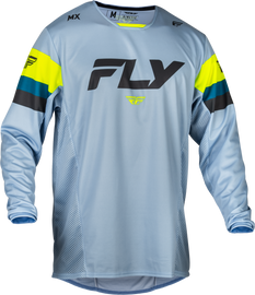 Fly Racing Youth Kinetic Prix Jersey in Ice Grey, Charcoal, and Hi-Vis with bold graphic design and breathable fabric.