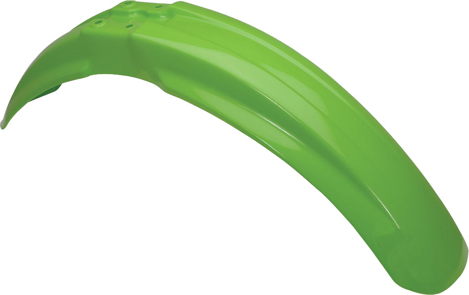 Acerbis green front fender for motorcycle, showcasing the durable plastic design with mounting points and branding details.