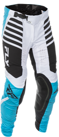 Fly Racing Lite Pants in blue, white, and black with size 38, featuring durable fabric and sleek motocross riding design.