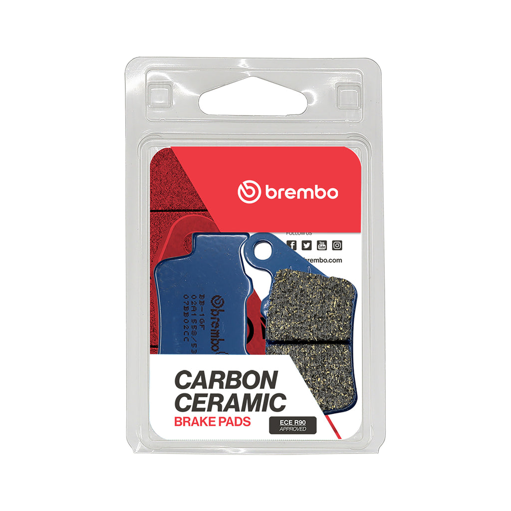 Brembo Prime CC Carbon Ceramic Brake Pads with Brembo branding, showing the brake pad surface and design details.