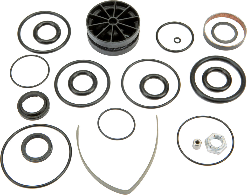 Fox OEM front bypass rebuild kit 530-9620 showing various replacement seals and components on a clean surface