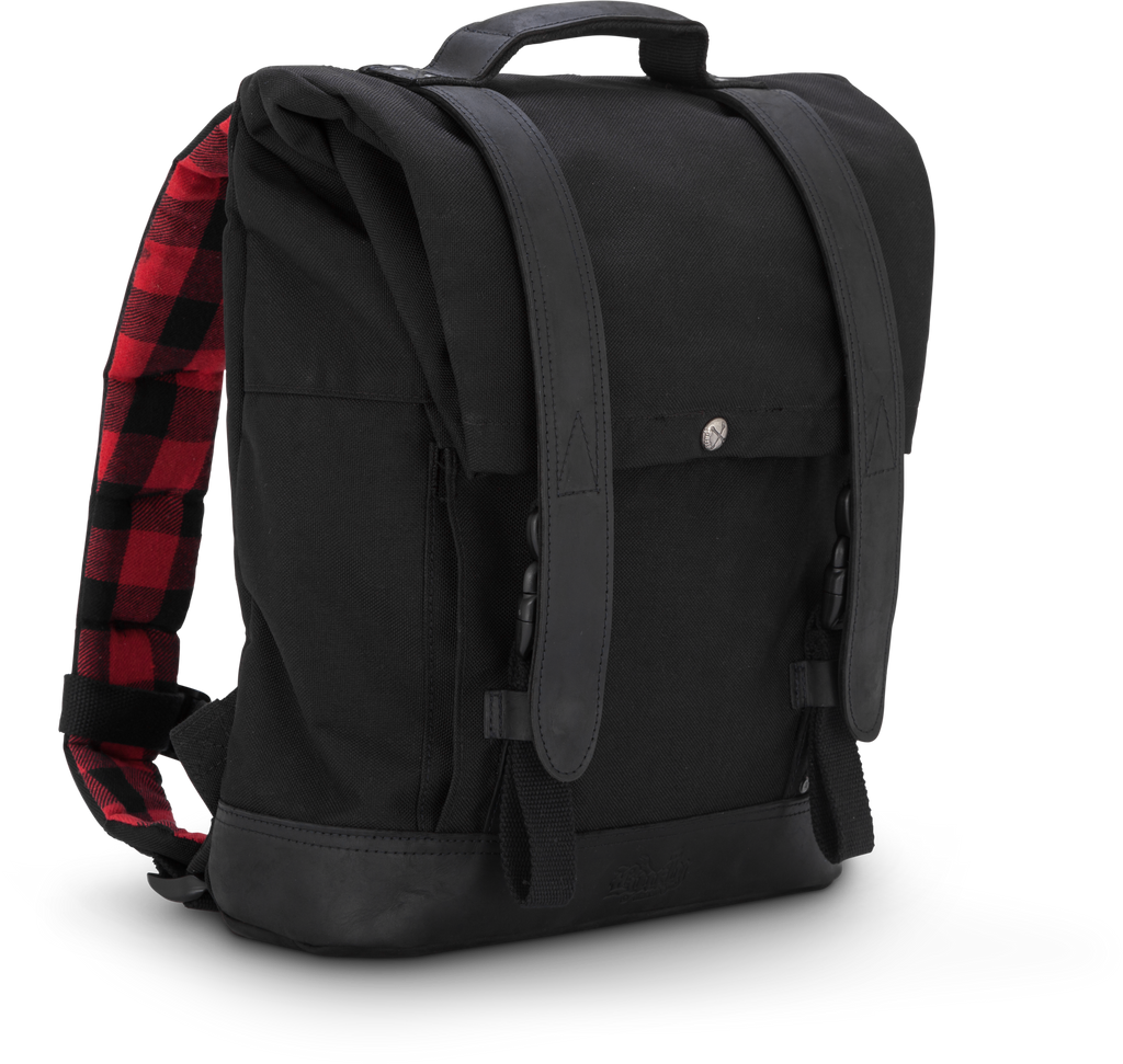 Black Burly Brand backpack, a sturdy luggage bag with multiple compartments and padded shoulder straps for comfortable carrying.