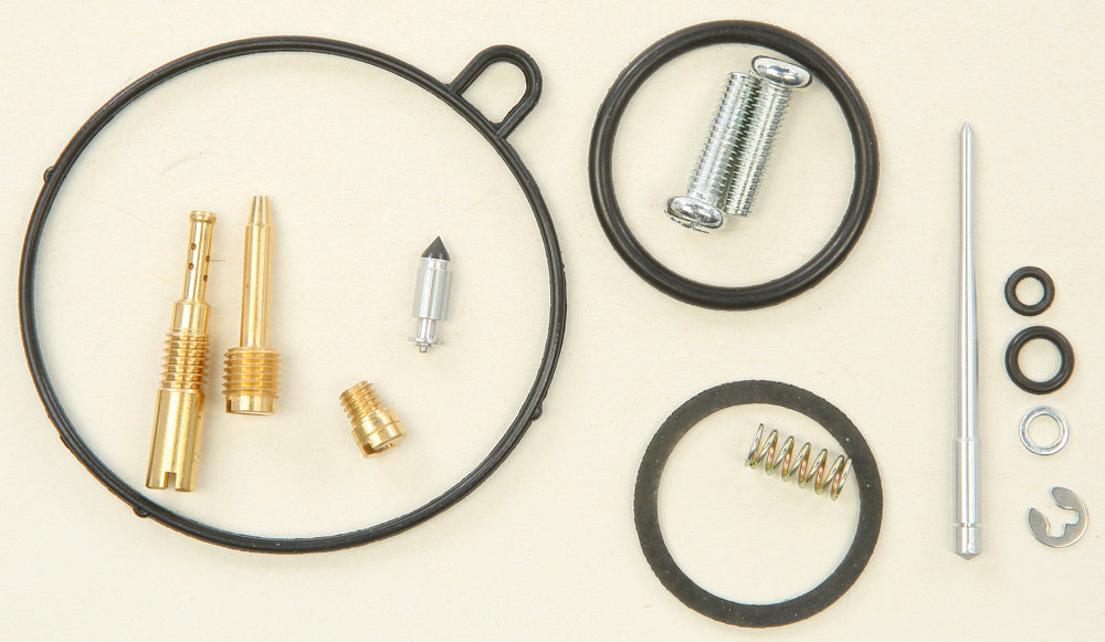 All Balls bike carburetor rebuild kit with gaskets and parts for fuel system maintenance, designed for motorcycle intake and carburetors.