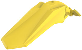 Polisport Plastics yellow rear fender for motorcycles, shown in a close-up image with mounting details.
