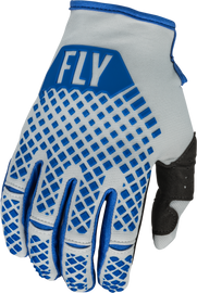 Fly Racing Youth Kinetic Gloves in blue and light grey with padded palms and adjustable wrist straps.