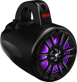 Boss Audio 4-inch Bluetooth RGB pod speakers with colorful LED lighting, designed for audio and visual enhancement.
