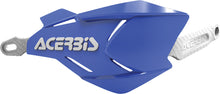 Load image into Gallery viewer, Acerbis X-Factory handguard in blue and white mounted on a motorcycle handlebar with visible mounting hardware.