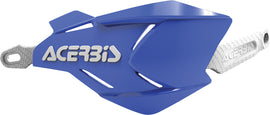 Acerbis X-Factory handguard in blue and white mounted on a motorcycle handlebar with visible mounting hardware.