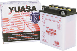Yuasa YB12A-A conventional 12-volt car battery with positive and negative terminals, ready for automotive use.