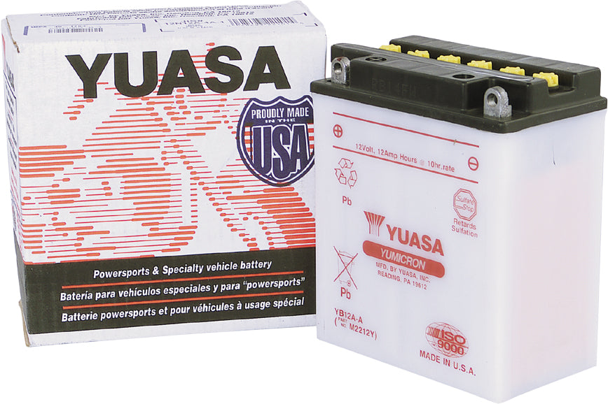 YUASA YB12A-A conventional battery with positive and negative terminals, compact design, and labeled specifications.