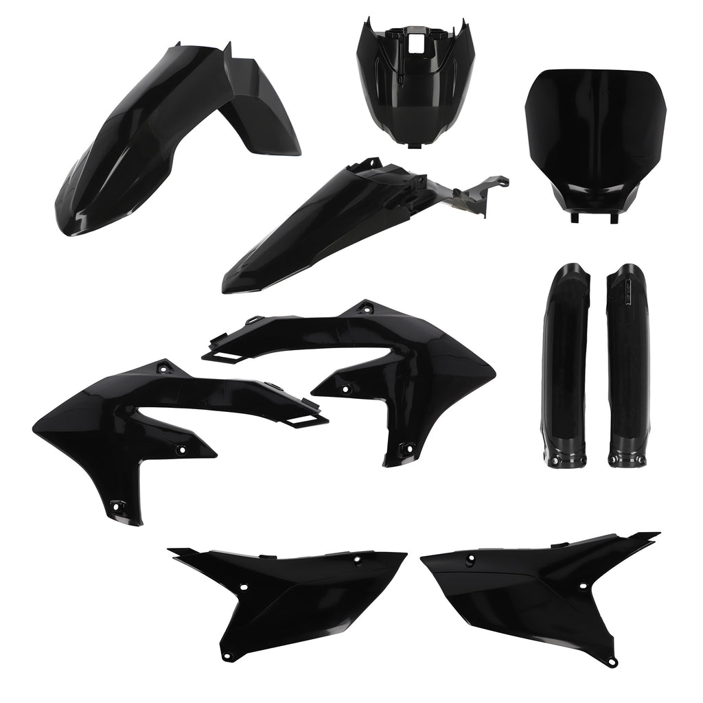 Acerbis full plastic kit for Yamaha off-road motorcycle, black plastic body panels and fenders.