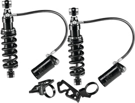 HardDrive Touring remote reservoir shocks, 13-inch heavy-duty suspension components, shown in black with mounting hardware.