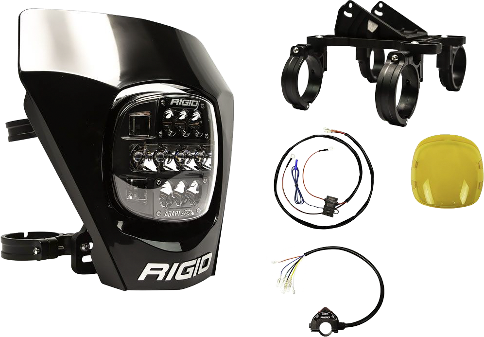 RIGID Industries Adapt Xe Extreme LED Enduro motorcycle kit in black with multiple LED lights mounted on a motorcycle handlebar.