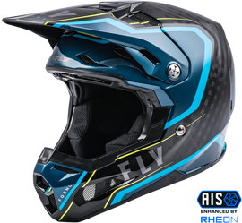 Fly Racing Formula Carbon Axon helmet in black and blue with a sleek design, showcasing the lightweight, high-performance motorcycle helmet.