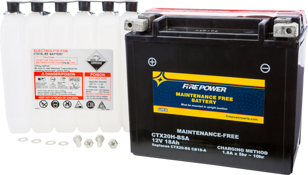 Fire Power Fire Power Battery Ctx20h-Bsa, maintenance-free 49-2300, showing the compact, durable battery with labeled terminals.