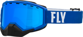 Fly Racing Focus Snow Goggle with blue and white frame, sky blue mirror lens, and blue lens for snowboarding or skiing.