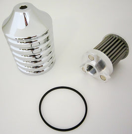 HardDrive Billet Reusable Oil Filter in chrome, designed for automotive engines, shown in a close-up image.