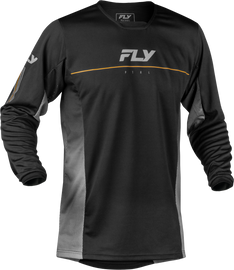 Fly Racing Patrol jersey in black and grey, featuring breathable fabric and sporty design for motocross or off-road riding.