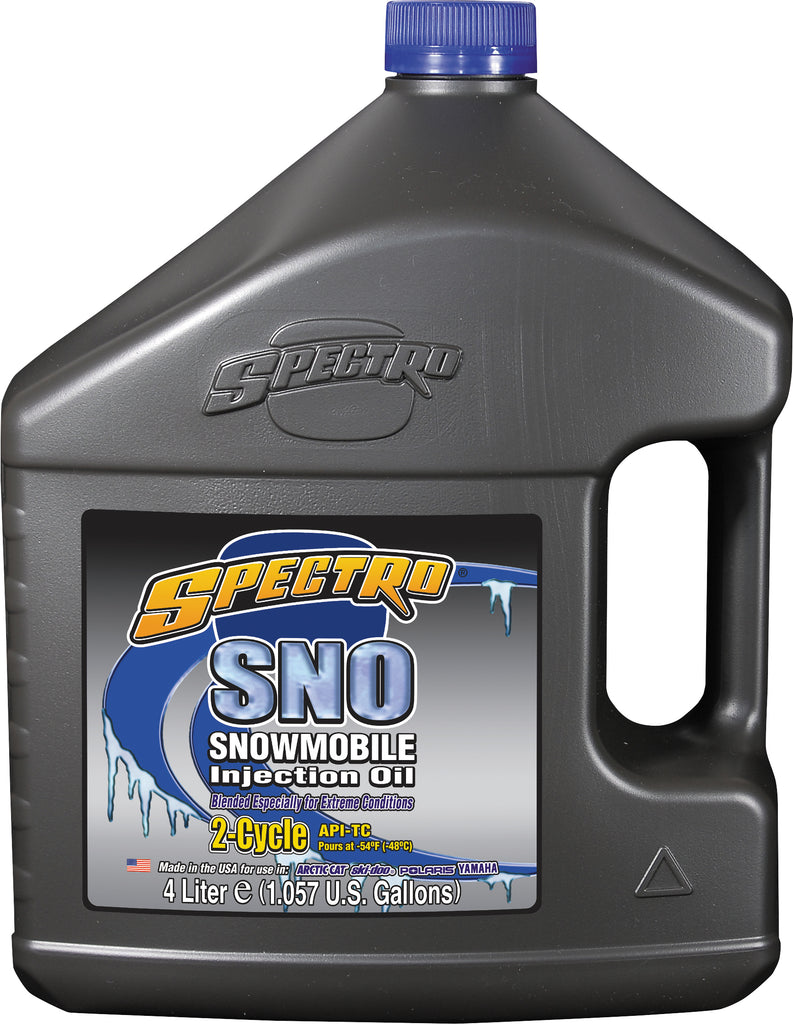 Spectro Prem Snow Petroleum Injector 2T chemical container, 1-gallon size, for snowmobile and 2-stroke engine lubrication.